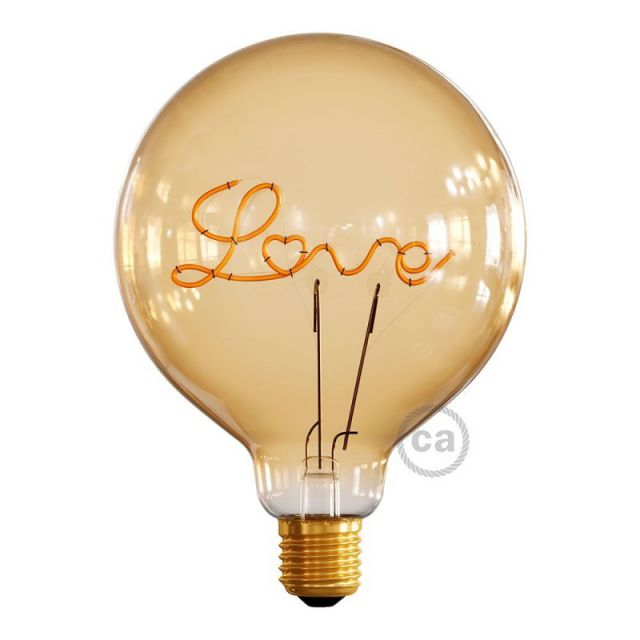 lampadina per base dorata led globo g125 filamento singolo “love” 5w e27 decorativa vintage 2000k by creative-cables 